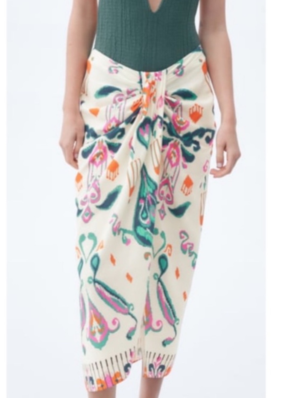 Zara Linen Blend Knotted Pareo Skirt cream fabric multicolored abstract print.